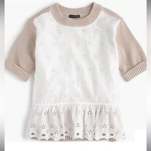 J. Crew Colorblock Peplum Eyelet Sweater Short Sleeves Ivory Beige